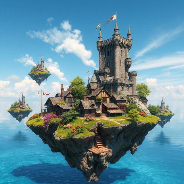 Floating islands in a bright blue sky, each island adorned with lush greenery and colorful flowers
