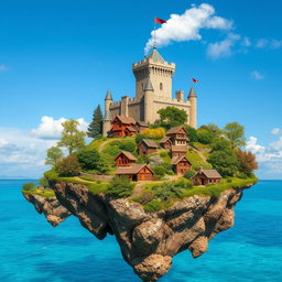 Floating islands in a bright blue sky, each island adorned with lush greenery and colorful flowers