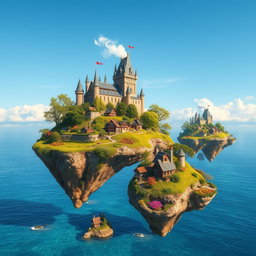 Floating islands in a bright blue sky, each island adorned with lush greenery and colorful flowers
