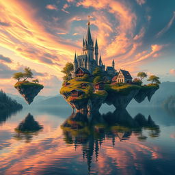 A stunning fantasy scene featuring floating islands above a tranquil lake