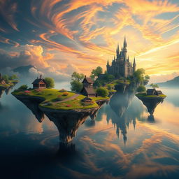 A stunning fantasy scene featuring floating islands above a tranquil lake