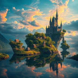 A stunning fantasy scene featuring floating islands above a tranquil lake