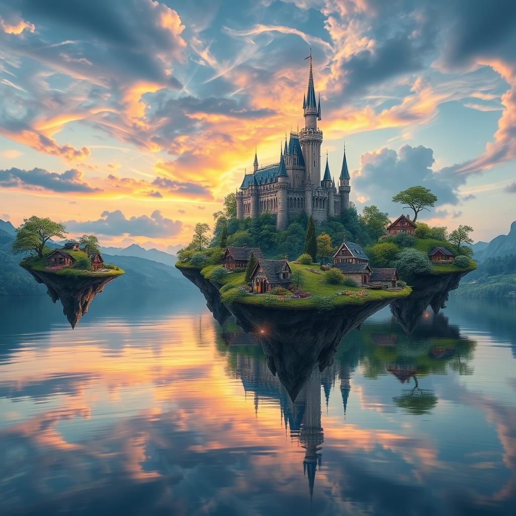 A stunning fantasy scene featuring floating islands above a tranquil lake