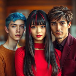 A vibrant scene featuring three people standing together