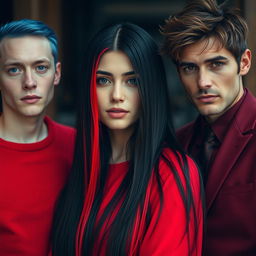 A vibrant scene featuring three people standing together