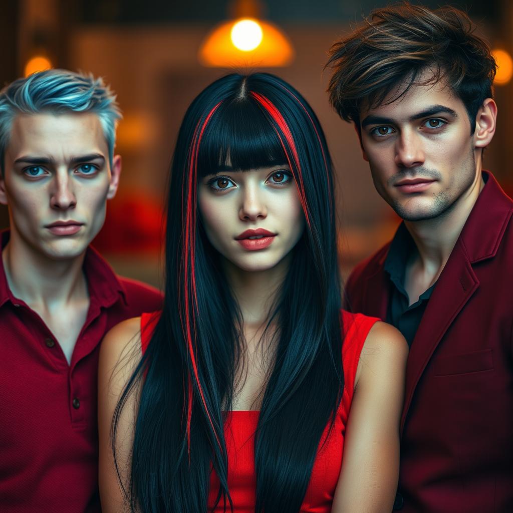 A vibrant scene featuring three people standing together