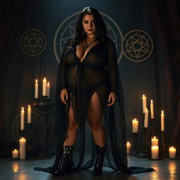 A confident chubby mature priestess with an alluring presence, dressed in seductive transparent clothing that elegantly flows around her form