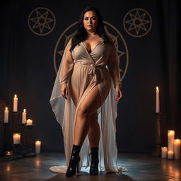 A confident chubby mature priestess with an alluring presence, dressed in seductive transparent clothing that elegantly flows around her form