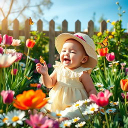 A serene and picturesque garden scene featuring a baby girl playing joyfully among colorful flowers and vibrant greenery