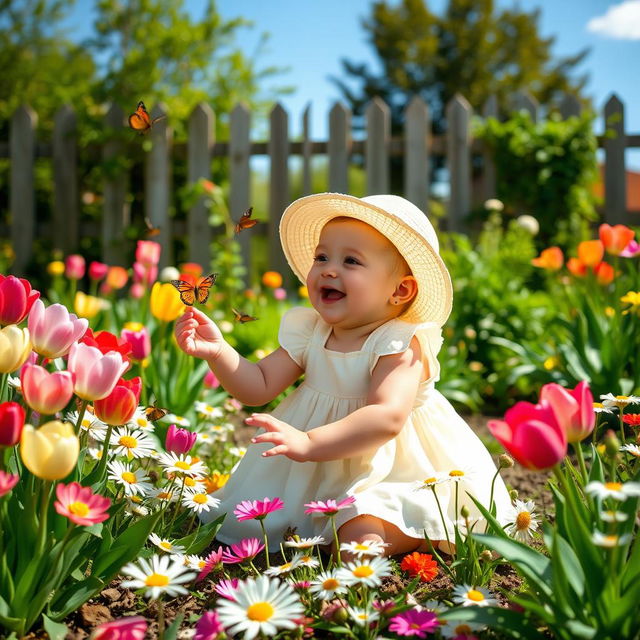 A serene and picturesque garden scene featuring a baby girl playing joyfully among colorful flowers and vibrant greenery