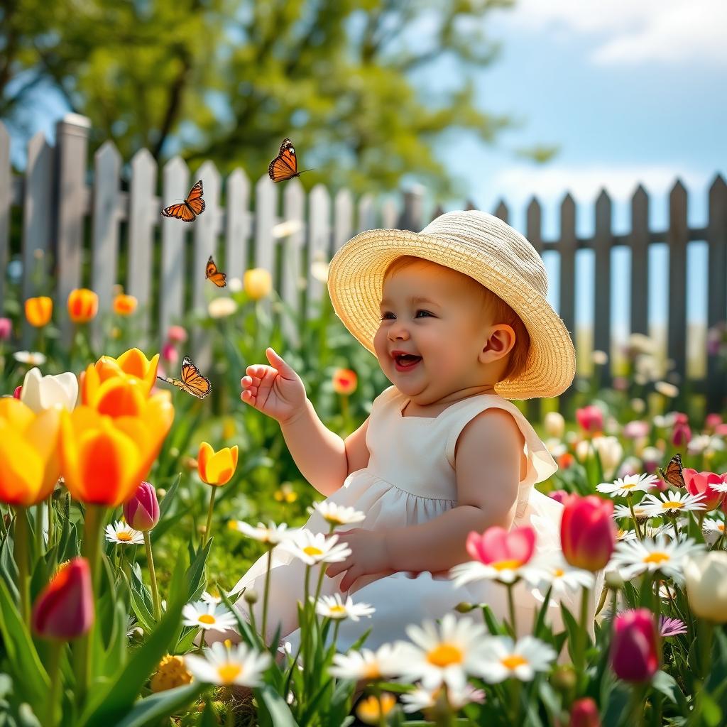 A serene and picturesque garden scene featuring a baby girl playing joyfully among colorful flowers and vibrant greenery
