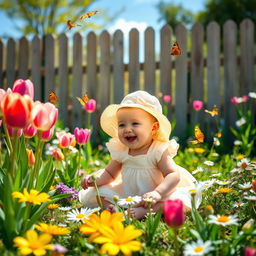 A serene and picturesque garden scene featuring a baby girl playing joyfully among colorful flowers and vibrant greenery