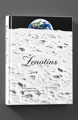 A captivating book cover featuring a stunning lunar landscape with rugged, white terrain adorned with sharp craters and soft dust