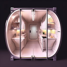 A blueprint for a 20'x8' vanity container for a celebrity, characterized by curved interiors and comprising a bathroom, kitchenette, seating and resting areas, as well as a dedicated make-up section.