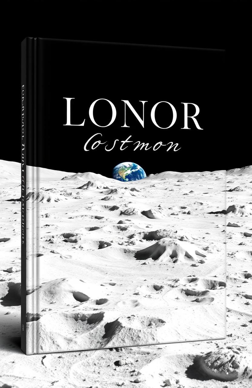A captivating book cover featuring a stunning lunar landscape with rugged, white terrain adorned with sharp craters and soft dust