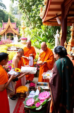 A serene and vibrant Kathina ceremony taking place in a lush temple garden, featuring monks in traditional orange robes receiving offerings from devotees