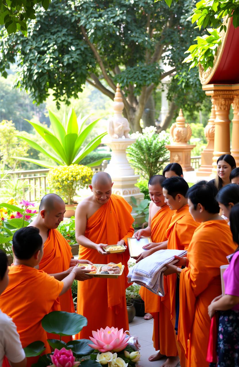 A serene and vibrant Kathina ceremony taking place in a lush temple garden, featuring monks in traditional orange robes receiving offerings from devotees