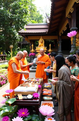 A serene and vibrant Kathina ceremony taking place in a lush temple garden, featuring monks in traditional orange robes receiving offerings from devotees