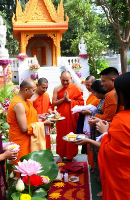 A serene and vibrant Kathina ceremony taking place in a lush temple garden, featuring monks in traditional orange robes receiving offerings from devotees