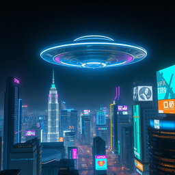 A stunning scene of a UFO flying high above a futuristic city at night, with a dazzling array of neon lights illuminating the skyline