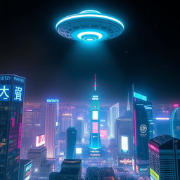 A stunning scene of a UFO flying high above a futuristic city at night, with a dazzling array of neon lights illuminating the skyline