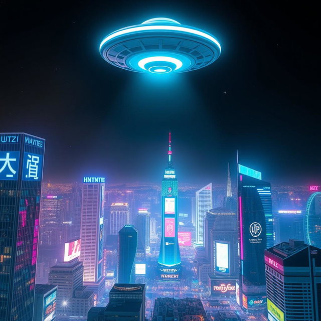 A stunning scene of a UFO flying high above a futuristic city at night, with a dazzling array of neon lights illuminating the skyline