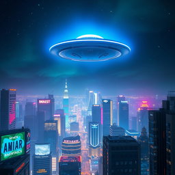 A stunning scene of a UFO flying high above a futuristic city at night, with a dazzling array of neon lights illuminating the skyline