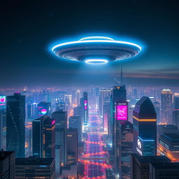 A stunning scene of a UFO flying high above a futuristic city at night, with a dazzling array of neon lights illuminating the skyline