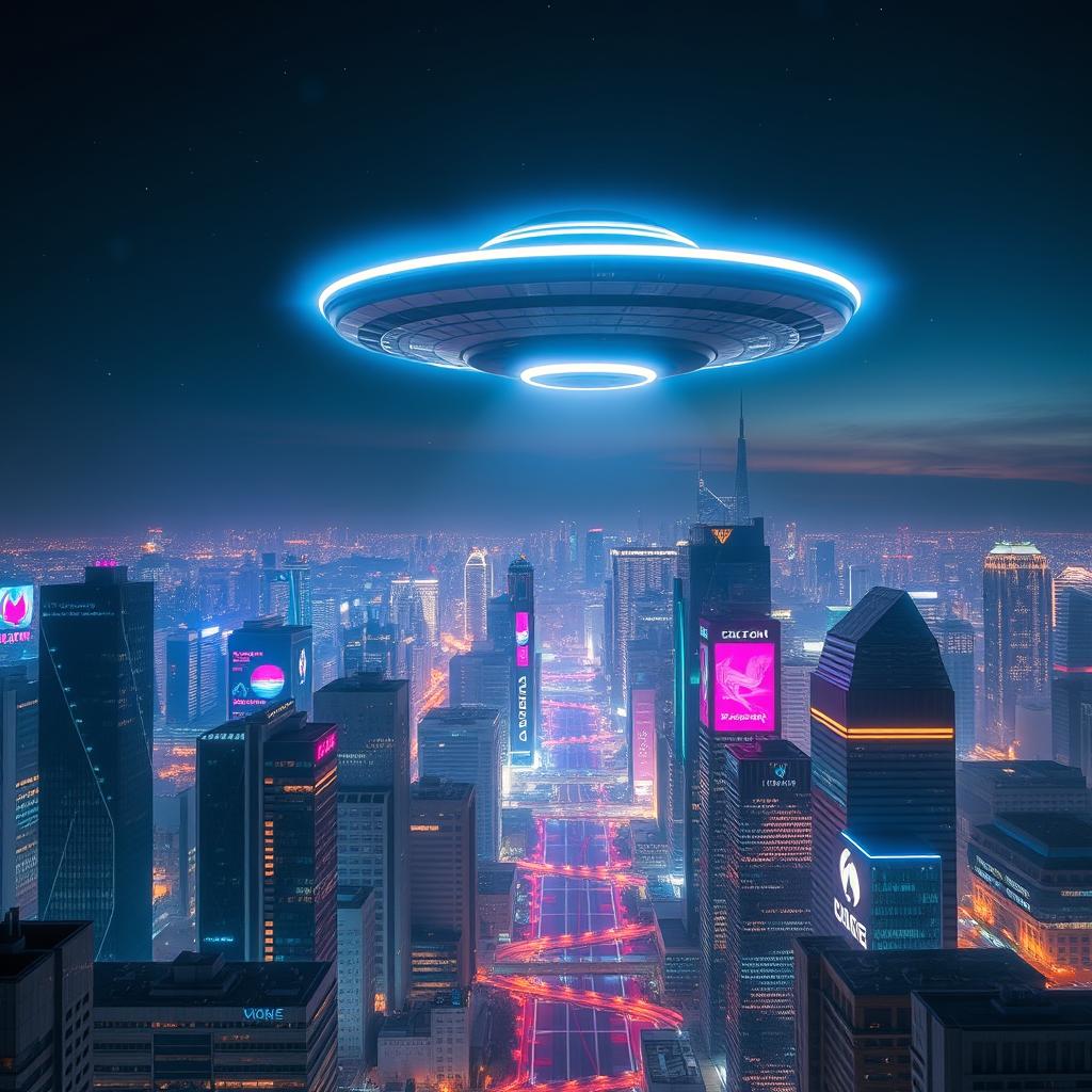 A stunning scene of a UFO flying high above a futuristic city at night, with a dazzling array of neon lights illuminating the skyline