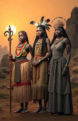 Three majestic African queens from the Stone Age, standing proud and regal in their traditional attire