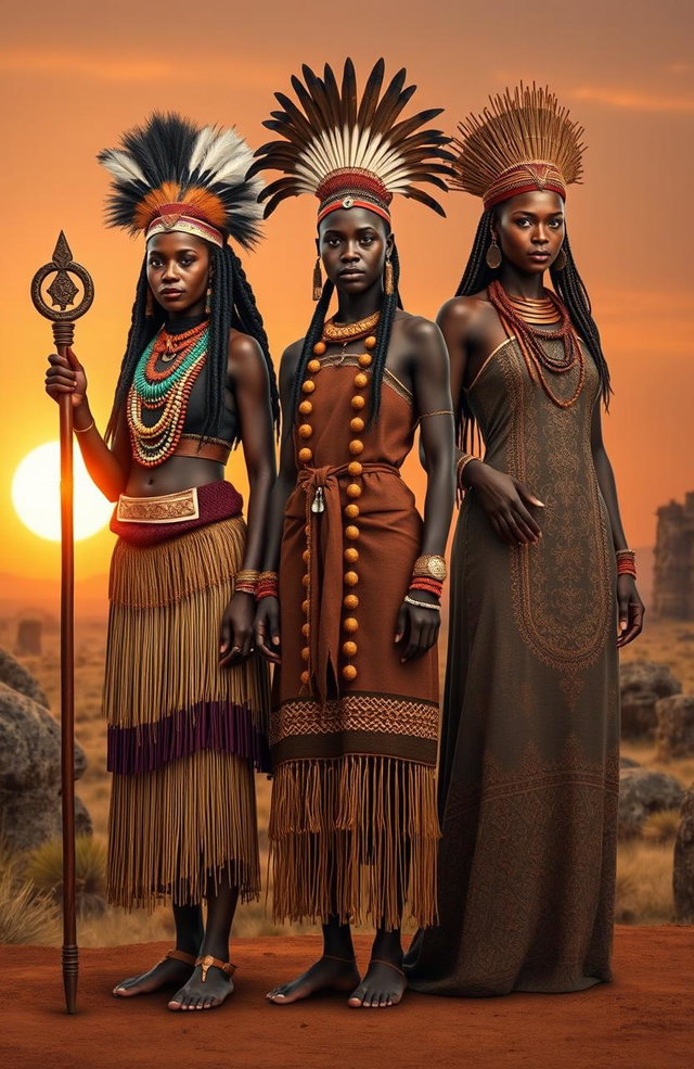 Three majestic African queens from the Stone Age, standing proud and regal in their traditional attire