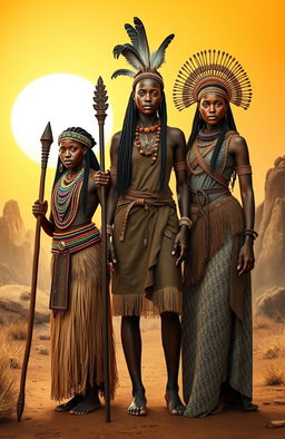 Three majestic African queens from the Stone Age, standing proud and regal in their traditional attire