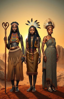 Three majestic African queens from the Stone Age, standing proud and regal in their traditional attire