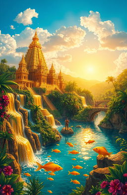 A vibrant and colorful fantastical landscape depicting a mythical version of El Dorado, the legendary city of gold