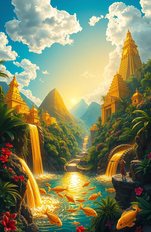 A vibrant and colorful fantastical landscape depicting a mythical version of El Dorado, the legendary city of gold