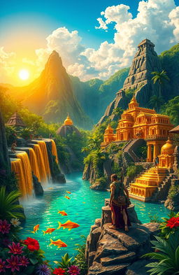 A vibrant and colorful fantastical landscape depicting a mythical version of El Dorado, the legendary city of gold