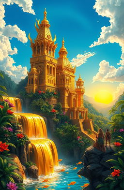 A vibrant and colorful fantastical landscape depicting a mythical version of El Dorado, the legendary city of gold