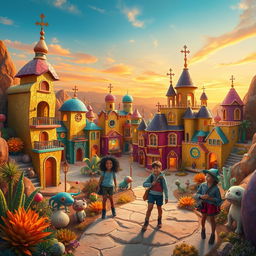 A whimsical and imaginative rendition of a fictional place called El Doricrack, featuring an eccentric cityscape filled with colorful, cracked buildings made of shimmering gold