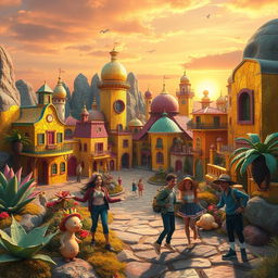 A whimsical and imaginative rendition of a fictional place called El Doricrack, featuring an eccentric cityscape filled with colorful, cracked buildings made of shimmering gold