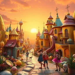 A whimsical and imaginative rendition of a fictional place called El Doricrack, featuring an eccentric cityscape filled with colorful, cracked buildings made of shimmering gold
