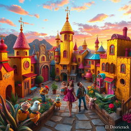 A whimsical and imaginative rendition of a fictional place called El Doricrack, featuring an eccentric cityscape filled with colorful, cracked buildings made of shimmering gold