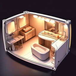 A blueprint for a 20'x8' vanity container for a celebrity, characterized by curved interiors and comprising a bathroom, kitchenette, seating and resting areas, as well as a dedicated make-up section.