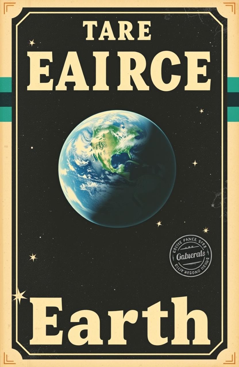 A vintage style book cover featuring a breathtaking view from orbit with Earth prominently displayed in the foreground