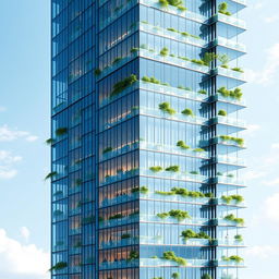 A modern skyscraper design featuring 50 floors and a height of 200 meters, incorporating green spaces and hanging gardens at various levels