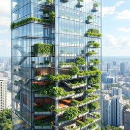 A modern skyscraper design featuring 50 floors and a height of 200 meters, incorporating green spaces and hanging gardens at various levels