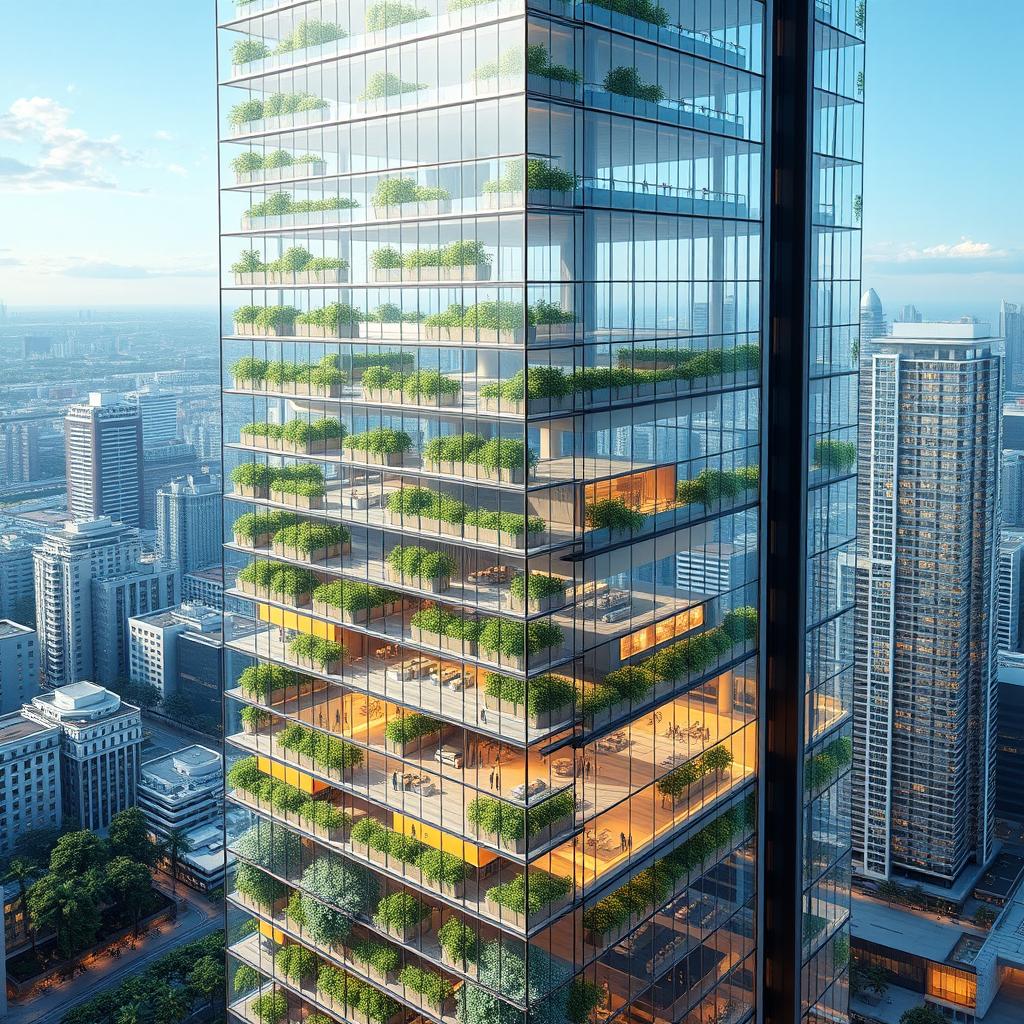 A modern skyscraper design featuring 50 floors and a height of 200 meters, incorporating green spaces and hanging gardens at various levels