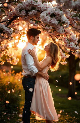 A romantic scene set in a lush garden during golden hour, featuring a couple embracing under a blooming cherry blossom tree