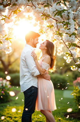 A romantic scene set in a lush garden during golden hour, featuring a couple embracing under a blooming cherry blossom tree