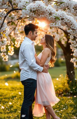 A romantic scene set in a lush garden during golden hour, featuring a couple embracing under a blooming cherry blossom tree