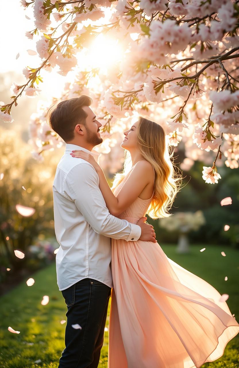 A romantic scene set in a lush garden during golden hour, featuring a couple embracing under a blooming cherry blossom tree